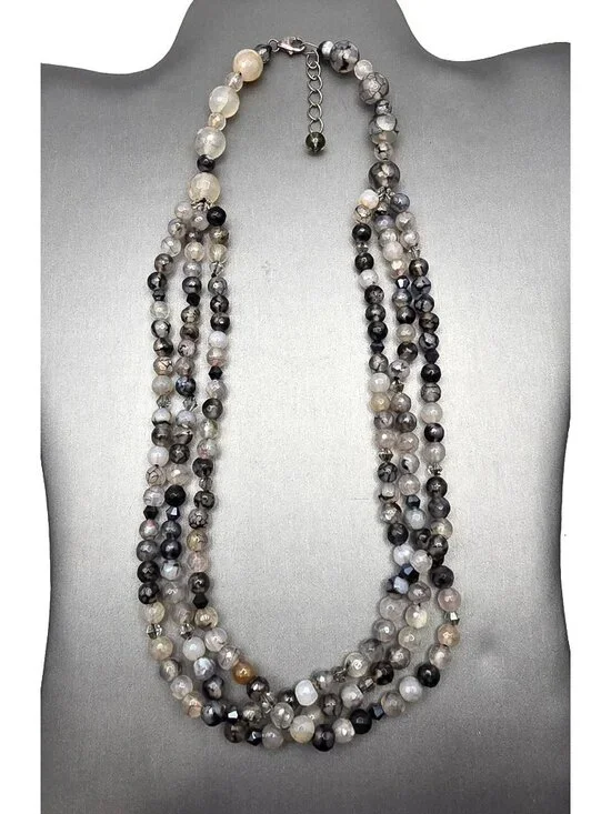 Multi-Strand Dragon Vein Agate Beaded Necklace 16" 925 Silver Clasp Undyed - Picture 13 of 13